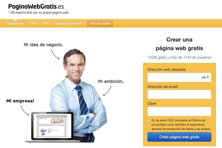 Captura de pantalla de Paginawebgratis.es para crear webs gratuitas Paginawebgratis.es - Crear páginas web gratis