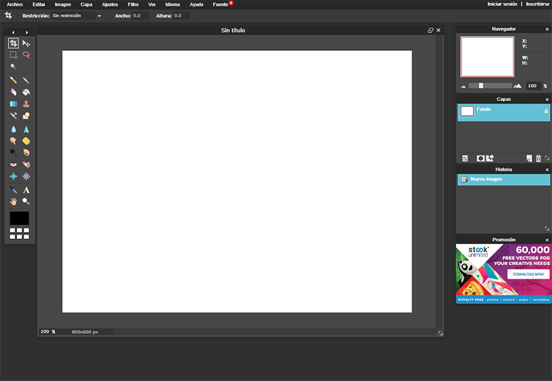 Captura de pantalla de Pixlr Editor con interfaz profesional de edición Pixlr Editor - Editor de fotos online profesional
