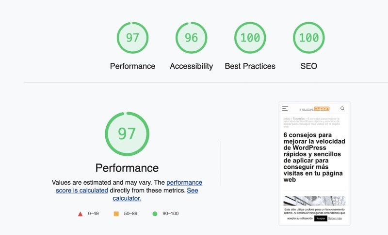 Resultados de rendimiento con WP Rocket